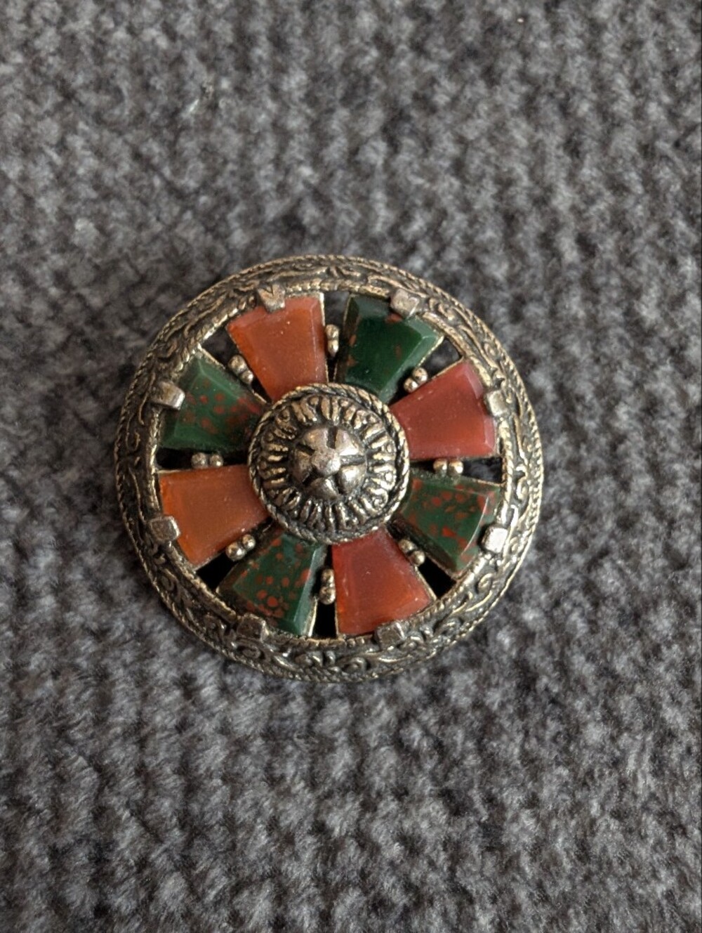 Vintage Britain Brass Amber Jade Celtic Round Accent Brooch